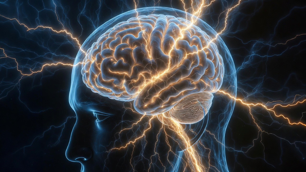 A human head in profile with glowing neural pathways visible inside, representing neuroplasticity and brain rewiring. The brain lights up with golden neural connections that look like lightning or electrical pathways. Dark background, dramatic rim lighting, scientific yet artistic aesthetic, macro detail on the neural structures, blue and gold color palette.