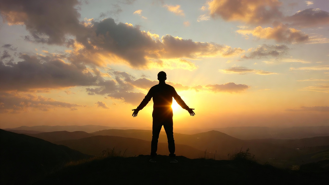  photorealistic image of a person standing on a hilltop at sunrise, arms slightly open in a gesture of receiving or embracing. They face the rising sun, which casts long shadows behind them. The person looks strong, centered, and transformed. Golden light wraps around them. Wide angle, dramatic sky with clouds catching color, inspirational, cinematic quality, ultra-detailed, the feeling of becoming who they were meant to be. 