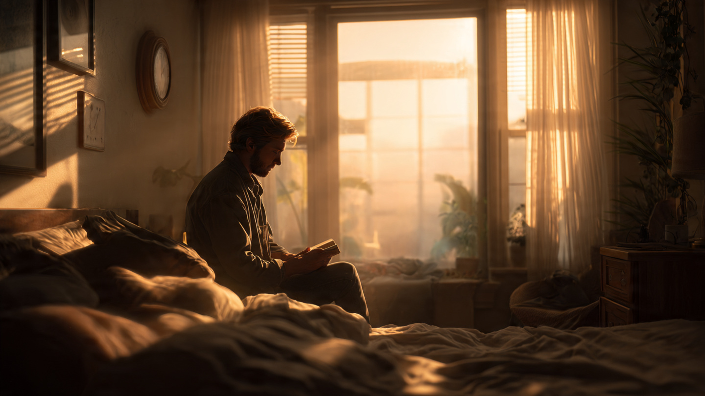 A serene morning scene: a person sitting on the edge of their bed, sunlight streaming through windows, holding a small notebook or phone with a calm, focused expression. The room is tidy, peaceful. The clock shows early morning. Hope, discipline, new beginning. Warm golden hour light.