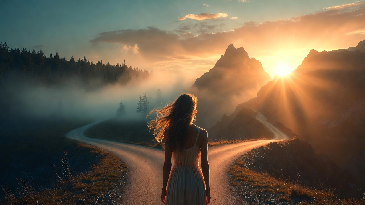 A striking image of a woman standing at a crossroads at dawn—one path leads to a foggy, uncertain forest; the other leads to a sunlit mountain peak. The woman's posture shows contemplation, standing at the exact moment of decision.