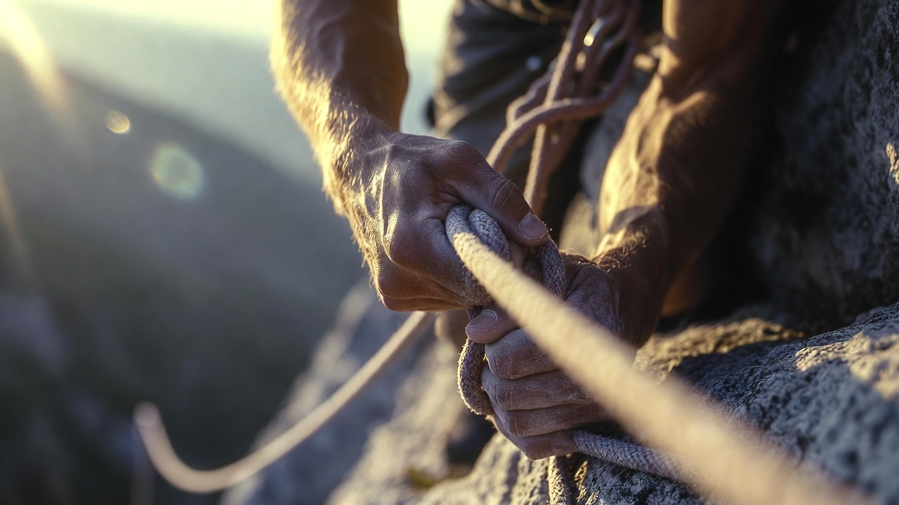 Close-up of a person's hands gripping a thick climbing rope, pulling themselves up a rock face. Muscles tense, effort visible. Early morning light. Photorealistic, inspirational, gritty determination
