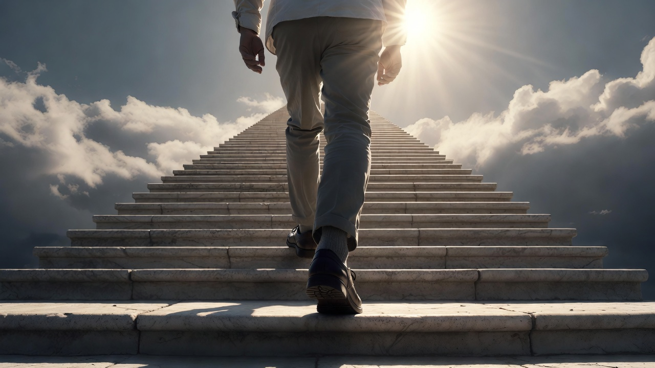 a person taking a single step up a massive staircase that disappears into the clouds, focus on the foot placed on the first step, emphasizing that one step is all it takes to begin, dramatic and inspiring lighting