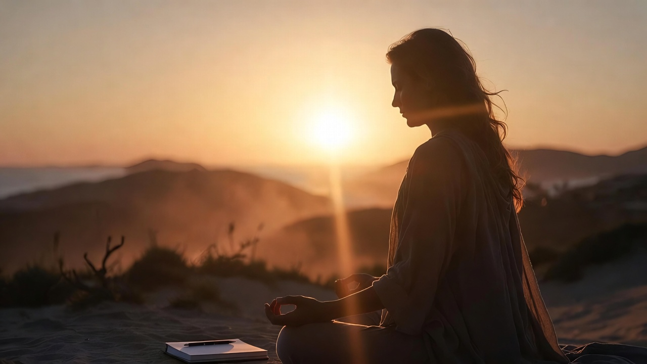 A person sitting in meditation at sunrise, hands resting on knees, soft light glowing around them. A journal and pen sit nearby. The scene conveys peace, intention, and the power of the first five minutes