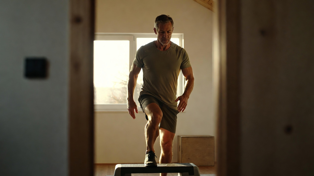A fit man in his 50s standing on a step platform, mid-movement, with perfect form. Soft morning light streams through a window behind him. His expression shows focus and determination. The image conveys strength, control, and intentional movement. 