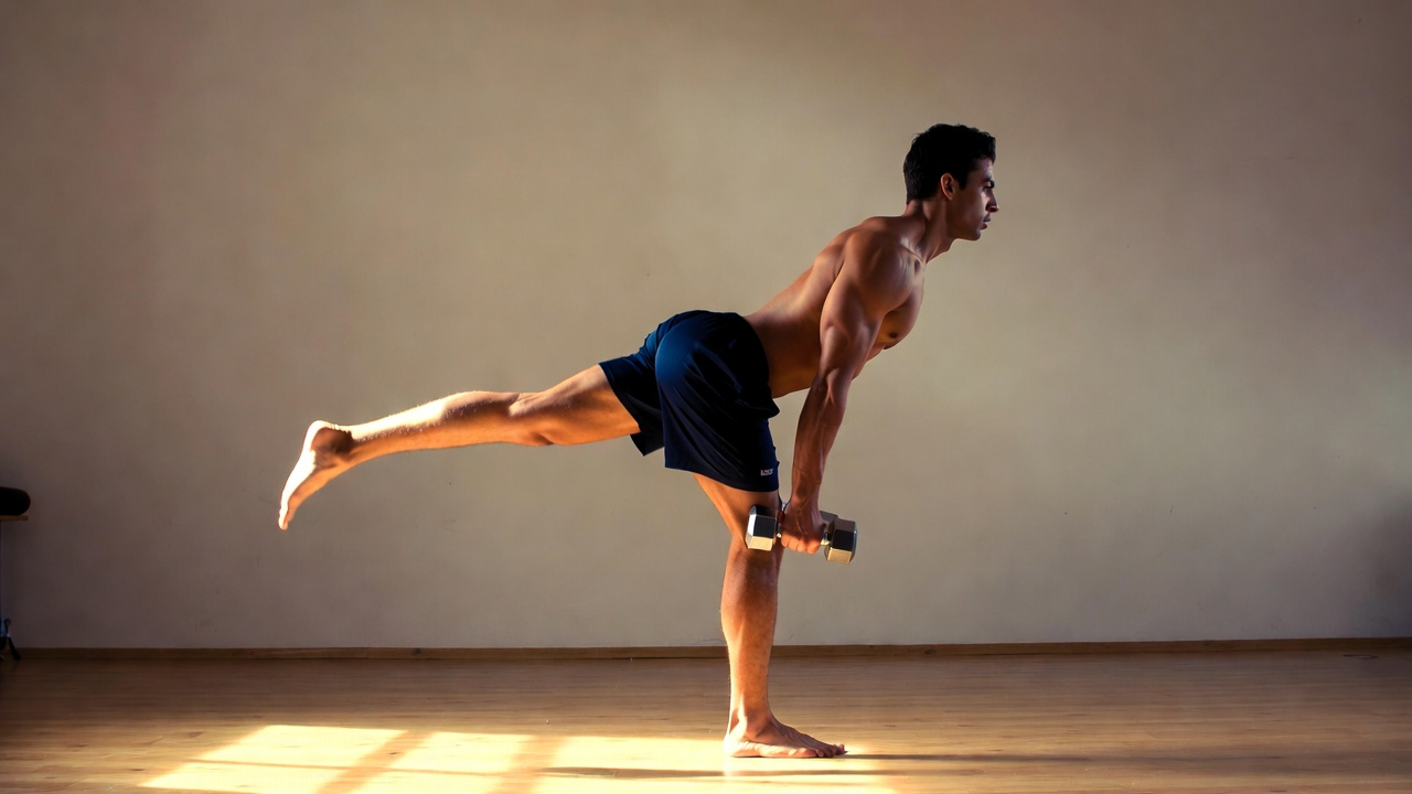A man performing the single-leg RDL with perfect form. He's balanced on one leg, torso parallel to the floor, back leg extended straight behind, holding a light dumbbell in the opposite hand. The lighting captures the engaged hamstring and glute. The focus is on perfect alignment and control.