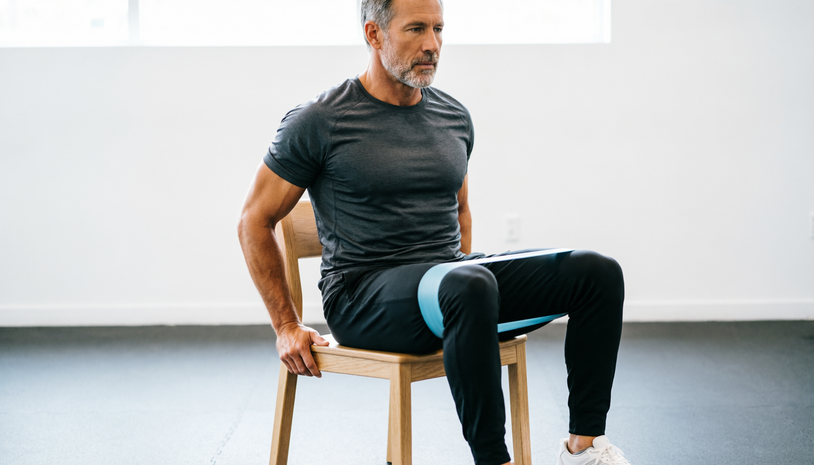 A fit man in his 50s sitting upright on a simple wooden chair in a bright, minimalist home gym. He is performing a "seated band abduction." A light resistance band is wrapped just above his knees. He is actively pushing his knees outward against the band with control. The camera angle is slightly low and to the side, focusing on the tension in his outer hip and glute (gluteus medius).