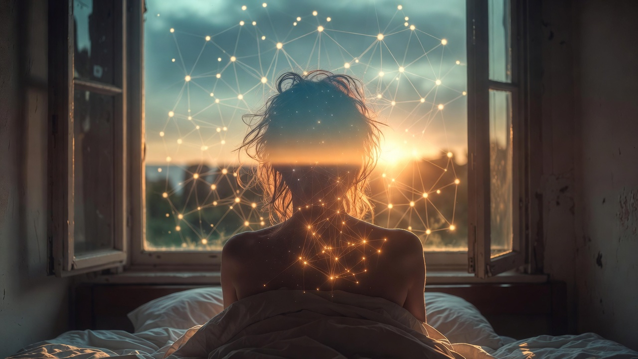 A serene morning scene showing a person sitting up in bed at dawn, soft golden light streaming through a window, with a faint ethereal double-exposure effect showing connected nodes or a neural network in the background, symbolizing the connection between consciousness and the universe. 