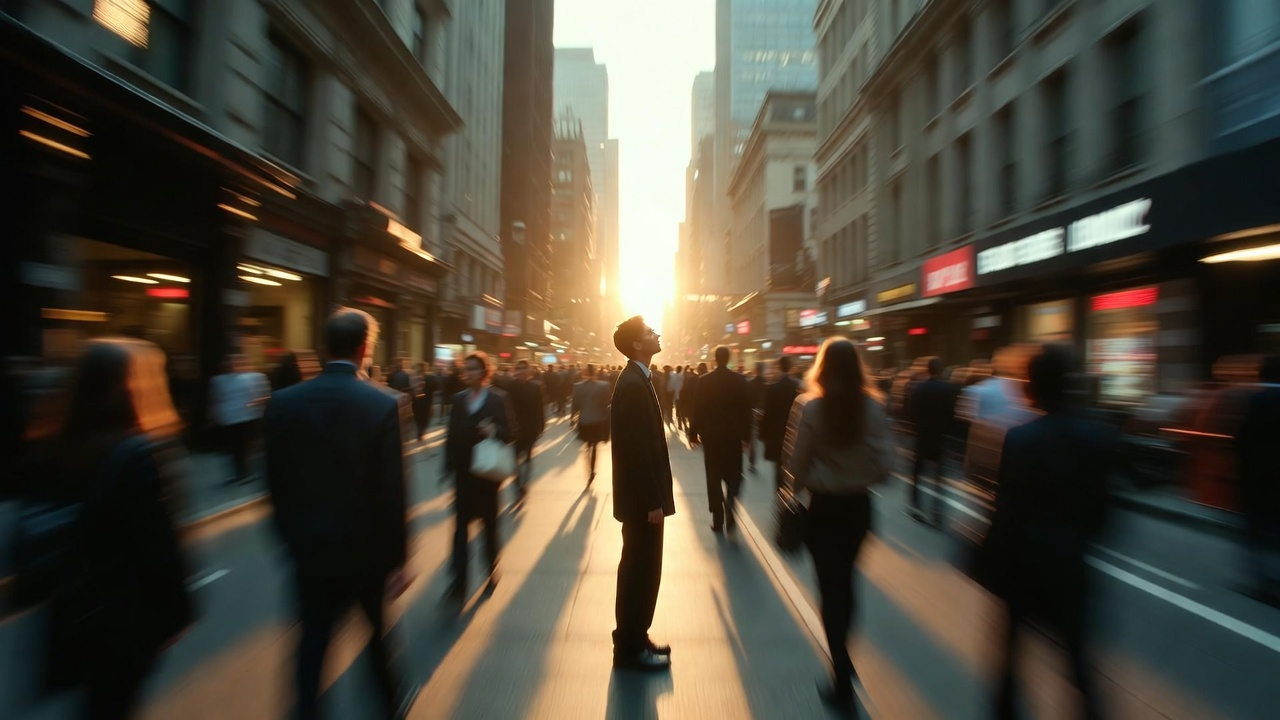 A person standing completely still in the middle of a busy city sidewalk, everyone else blurred in motion around them in a long exposure blur, while the single figure remains sharp and in focus. The person is looking slightly upward, as if receiving a message or realization. Soft golden light breaks through the buildings, illuminating only them. The image conveys the feeling of time stopping, of being the one person awake while the world sleeps. Photorealistic, cinematic composition, shallow depth of field, warm highlights contrasting with cool city tones. 