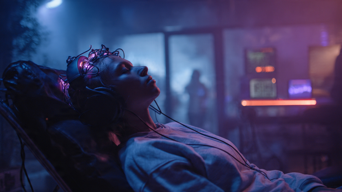 A person reclining in a comfortable chair with electrodes attached to their head and headphones on, eyes closed peacefully. The room is dimly lit with blue and purple tones, brainwave monitors glowing softly in the background. The scene feels like a secret CIA experiment meets high-tech meditation. 