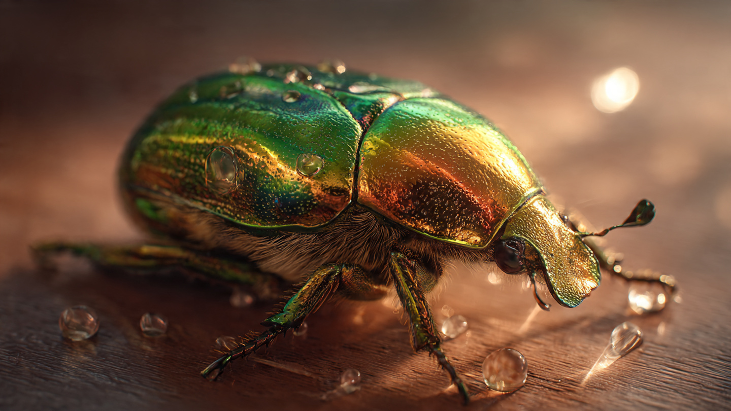 An extreme macro shot of a golden-green scarab beetle on an old wooden window frame, morning light catching its iridescent shell, creating tiny rainbow refractions. The beetle is hyper-detailed—you can see every texture. 