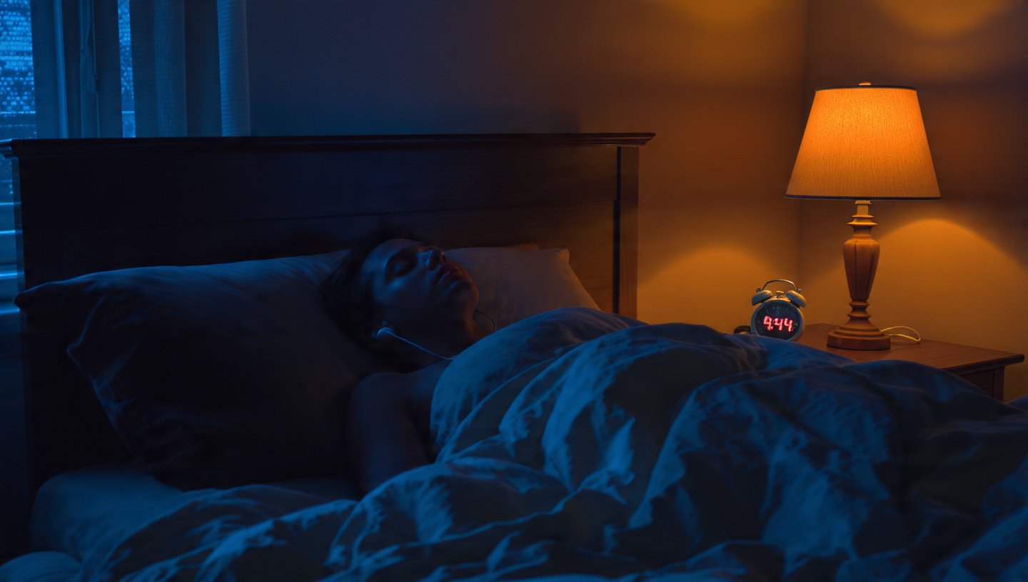 A bedroom in the quiet hours before sunrise. A single figure lies in bed, earbuds in, blankets pulled up. The room is still and peaceful. On the nightstand: a gently glowing alarm clock reads 4:44 AM. No phone in sight. Just a person, cozy under the covers, choosing to program their mind before the day begins.
