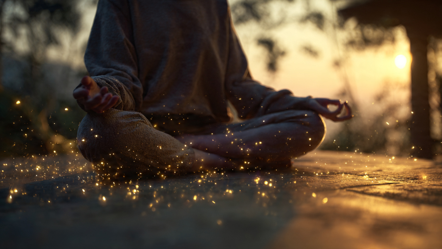 A person sitting in meditation at sunrise, hands resting on knees, with subtle ethereal golden particles or light orbs floating around them, symbolizing thoughts manifesting into reality. 