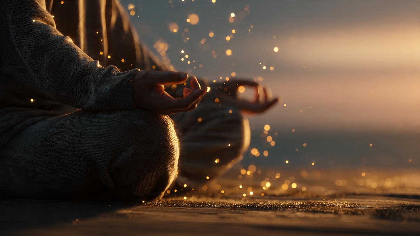A person sitting in meditation at sunrise, hands resting on knees, with subtle ethereal golden particles or light orbs floating around them, symbolizing thoughts manifesting into reality.