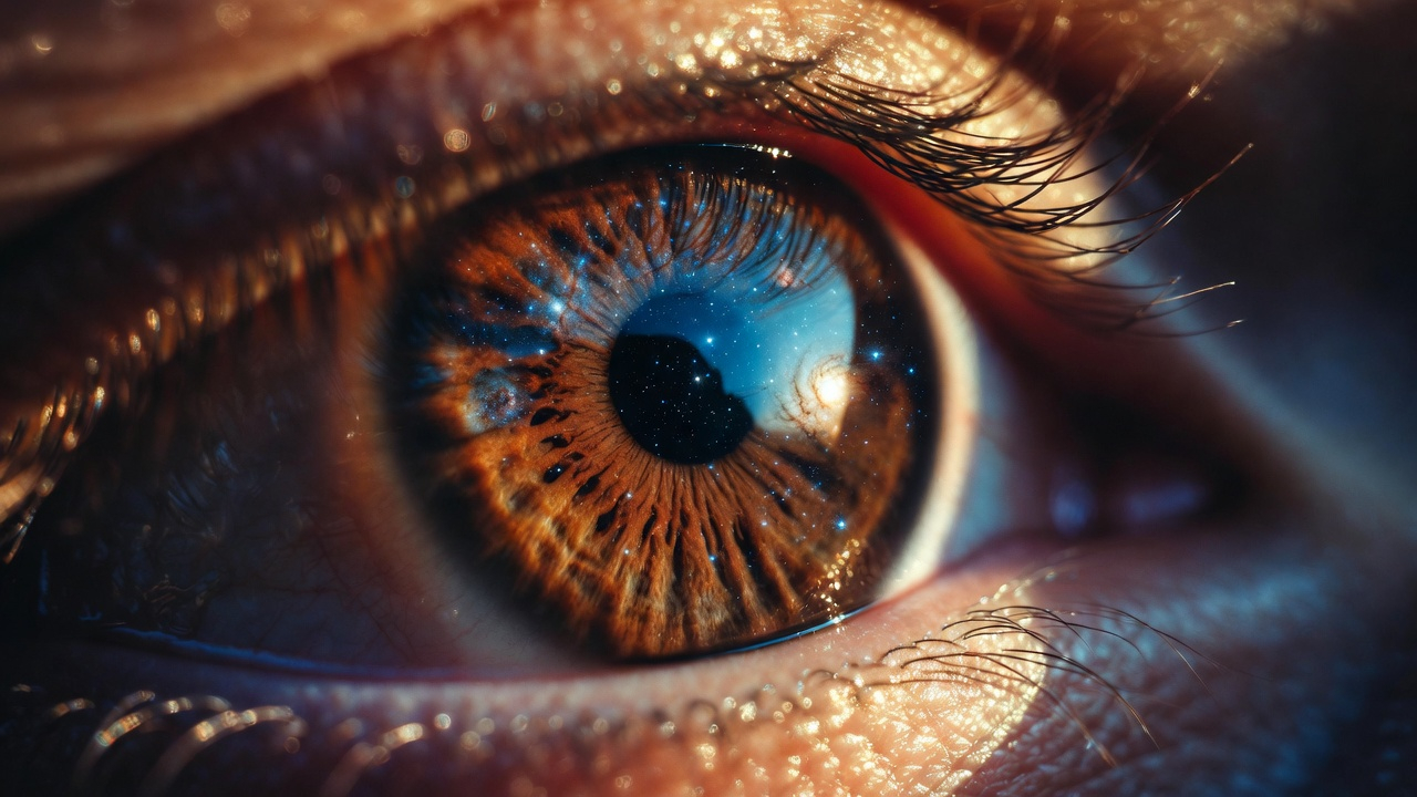 Close human eye reflecting starry night invoking vision into the future Close human eye reflecting starry night invoking vision into the future