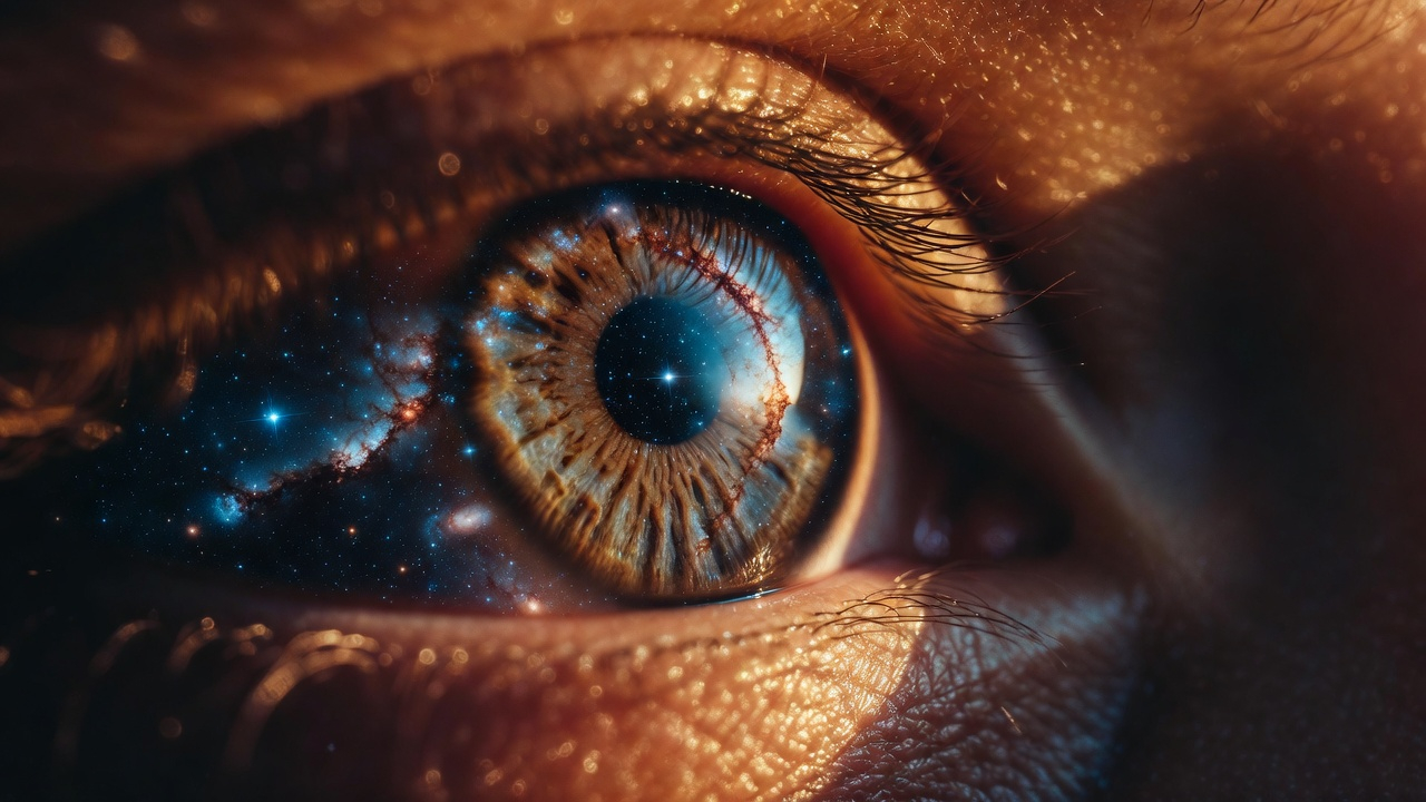 A close-up of a human eye, hyper-detailed, with the night sky reflected in the pupil—stars, galaxies, the infinite cosmos contained in a single glance. The skin around the eye catches warm golden sunrise light. The image suggests that within each of us is the entire universe, perceiving itself. Photorealistic, extreme macro detail, shallow depth of field with the eye in razor focus and the rest soft.