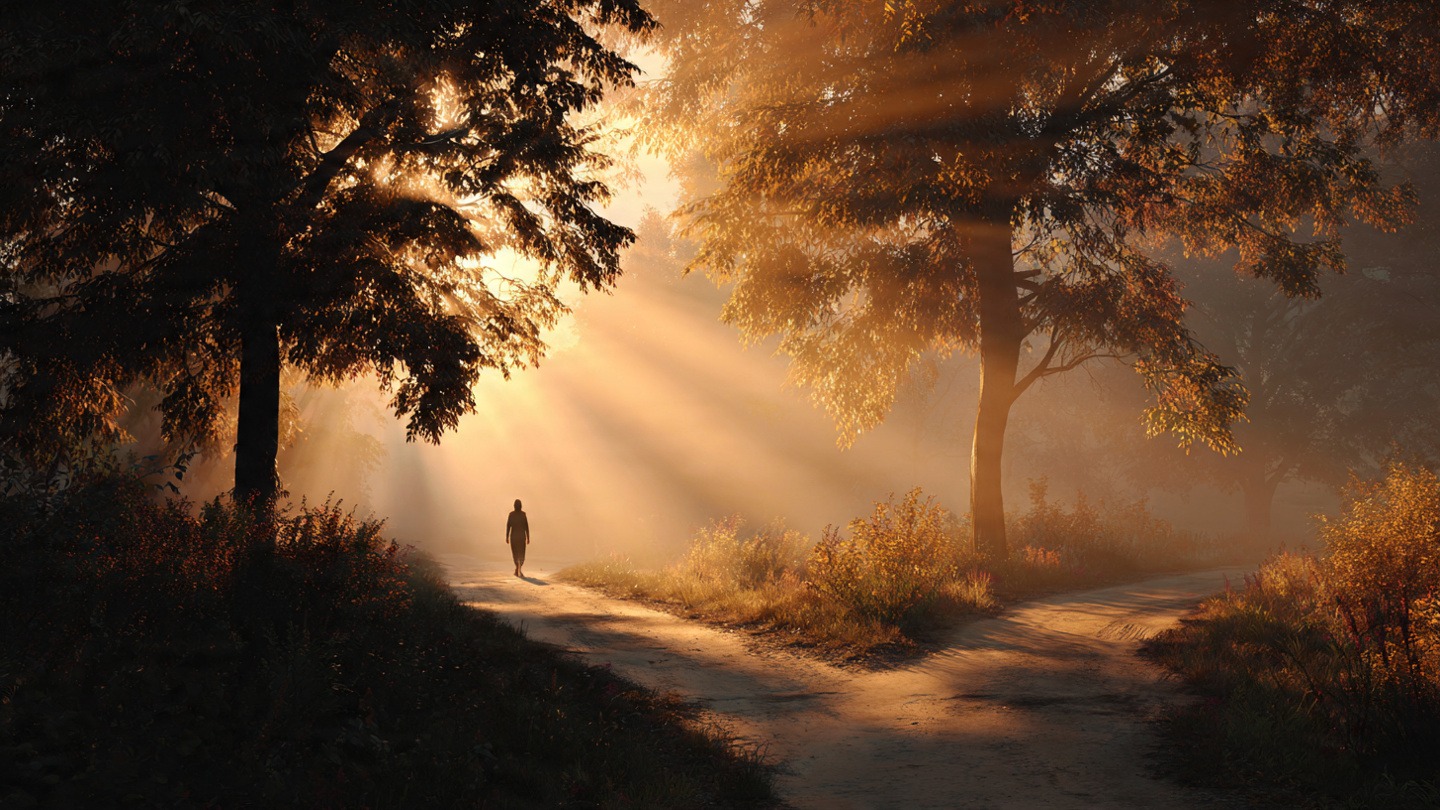 Photorealistic scene of a person walking down the lighted path of the crossroads in a misty forest at dawn, two paths diverging, one path subtly illuminated by warm golden rays of light breaking through the trees symbolizing alignment with the universe, the person has just chosen that path and is halfway down it, mystical morning atmosphere, soft gentle rays of light filtering through leaves, serene and hopeful mood, highly detailed, 