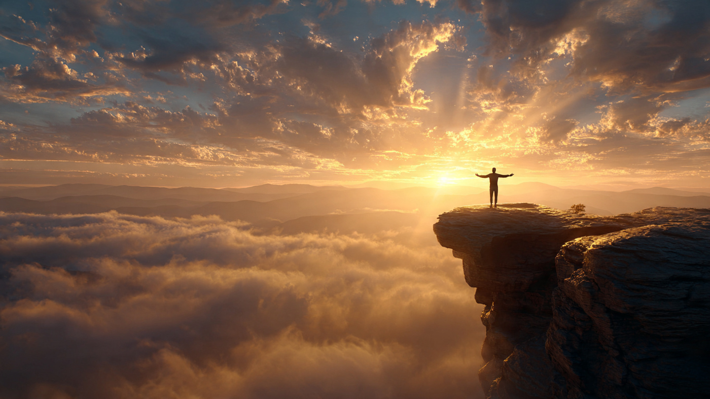  A person standing on a cliff edge at sunrise, arms slightly open, looking out over a vast landscape with the sun breaking through clouds, symbolizing the moment of realization and connection with the universe. Photorealistic, epic scale, golden light, inspirational atmosphere.