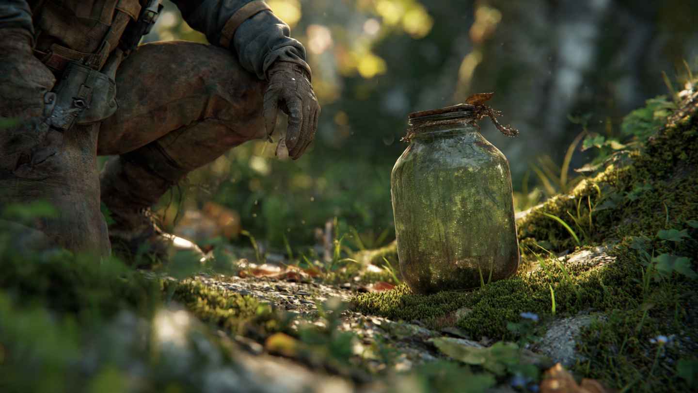 A forensic geologist in work clothes kneeling in a forest, carefully holding a weathered green glass jar just unearthed from under an old moss-covered stump. Sunlight filters through trees, catching dust particles. The jar has old wax sealing the top. A forensic geologist in work clothes kneeling in a forest, carefully holding a weathered green glass jar just unearthed from under an old moss-covered stump. Sunlight filters through trees, catching dust particles. The jar has old wax sealing the top.