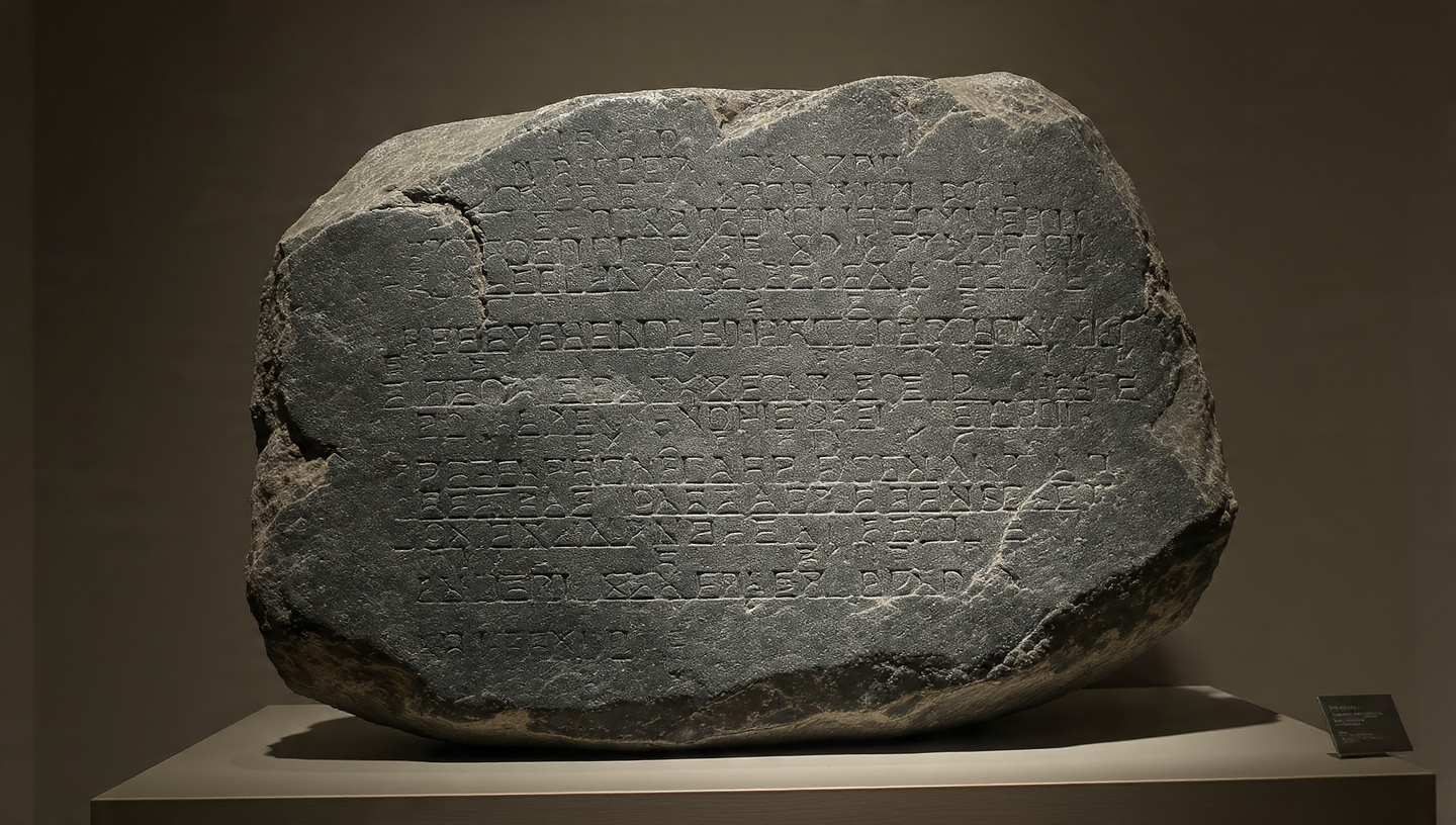 A detailed photorealistic image of the Kensington Runestone, showing ancient runic carvings on weathered gray stone. The texture should show centuries of wear. Natural lighting from the side to emphasize the depth of the carvings. The stone appears massive and heavy, sitting on a simple display stand in a museum-like setting. A detailed photorealistic image of the Kensington Runestone, showing ancient runic carvings on weathered gray stone. The texture should show centuries of wear. Natural lighting from the side to emphasize the depth of the carvings. The stone appears massive and heavy, sitting on a simple display stand in a museum-like setting.