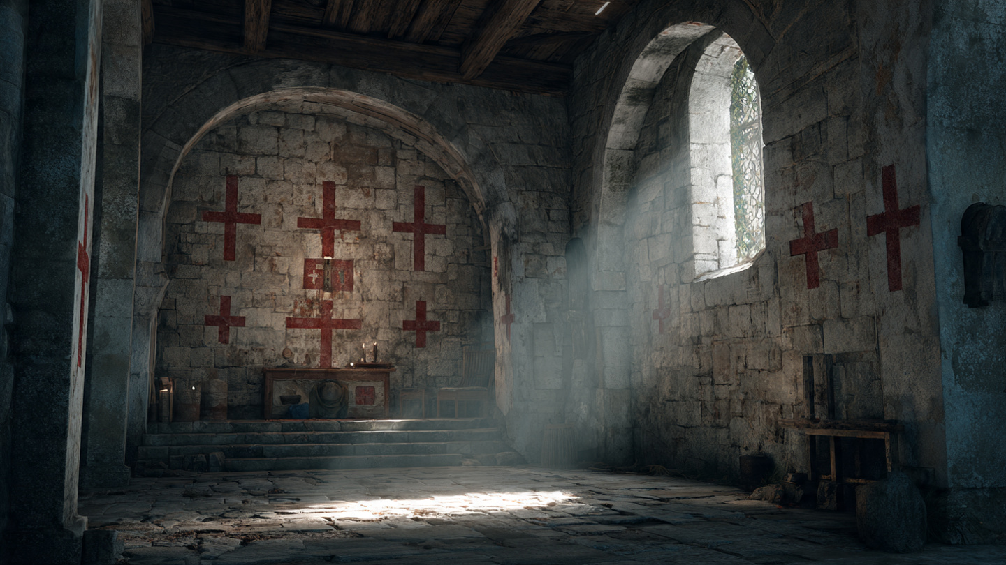 A photorealistic interior of an ancient stone church on Gotland, Sweden. Faded red equilateral crosses are visible carved into the gray stone walls. Sunlight streams through a small arched window, illuminating dust motes. The atmosphere is ancient, sacred, and mysterious. A photorealistic interior of an ancient stone church on Gotland, Sweden. Faded red equilateral crosses are visible carved into the gray stone walls. Sunlight streams through a small arched window, illuminating dust motes. The atmosphere is ancient, sacred, and mysterious.