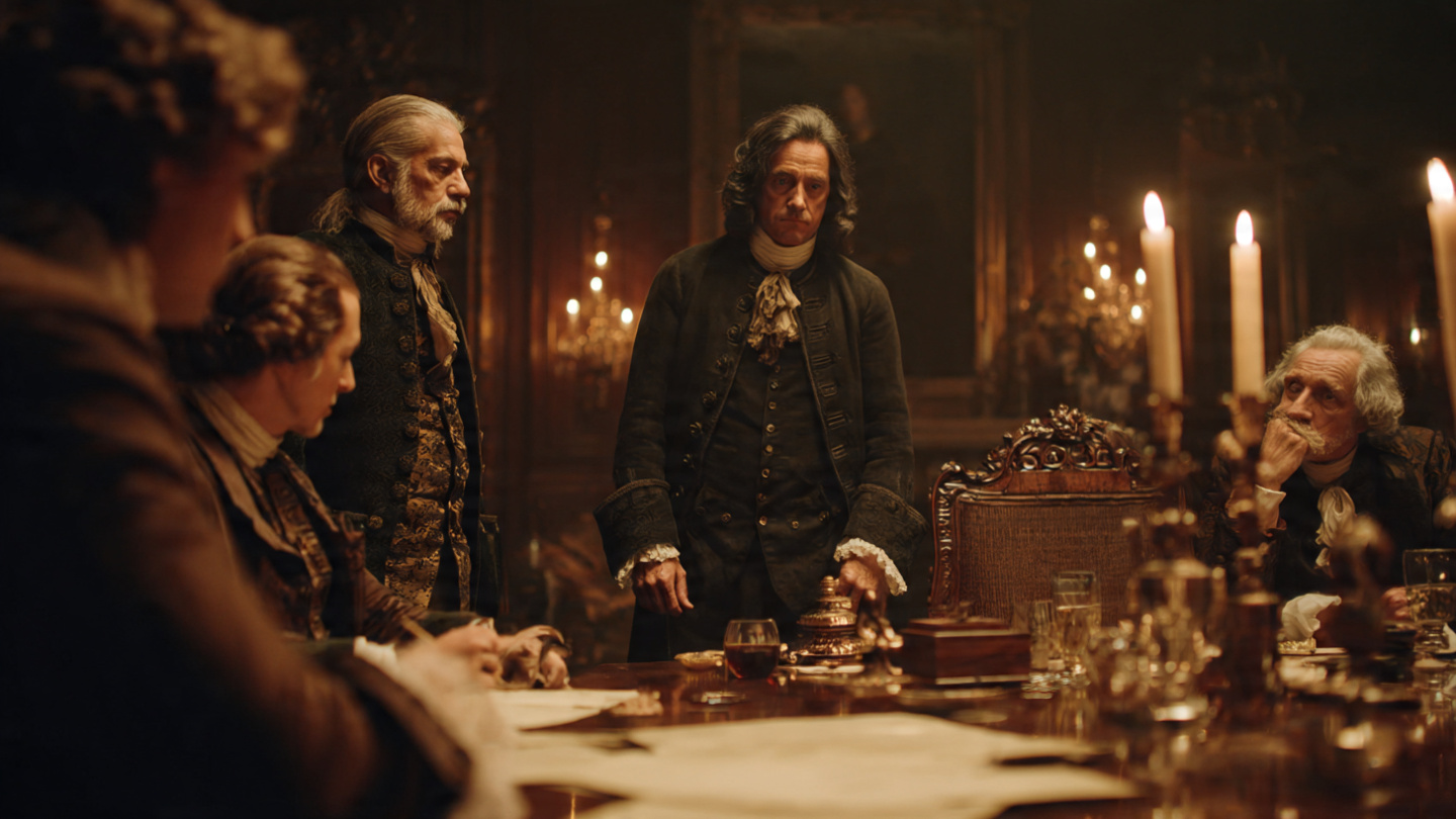 A photorealistic image of a dimly lit 18th-century meeting room with period furniture. Several men in colonial attire are gathered around a table with documents. Benjamin Franklin is recognizable, standing with a serious expression. The atmosphere is secretive and historically significant. Candlelight illuminates the scene A photorealistic image of a dimly lit 18th-century meeting room with period furniture. Several men in colonial attire are gathered around a table with documents. Benjamin Franklin is recognizable, standing with a serious expression. The atmosphere is secretive and historically significant. Candlelight illuminates the scene