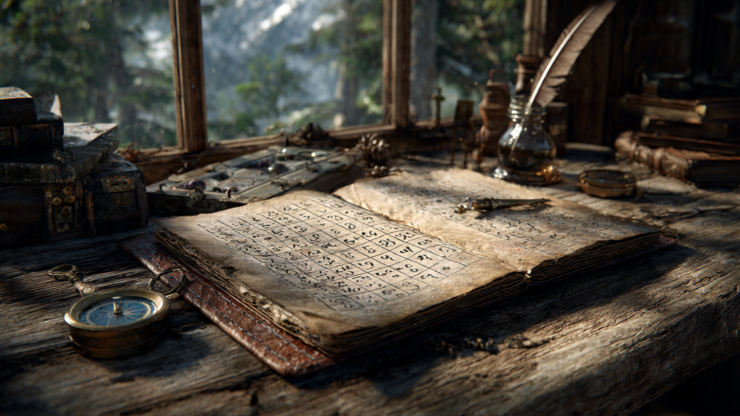 An ancient leather journal open on a weathered wooden table. The pages show a coded grid of letters and numbers—similar to what was found in the green jar. An antique compass rests on the corner of the page. A quill and ink pot sit nearby. Through a small window in the background, a vast forest landscape is visible, suggesting the Adirondack wilderness where the final discovery was made. The lighting is warm, late afternoon, casting long shadows. The image whispers: The code led here. An ancient leather journal open on a weathered wooden table. The pages show a coded grid of letters and numbers—similar to what was found in the green jar. An antique compass rests on the corner of the page. A quill and ink pot sit nearby. Through a small window in the background, a vast forest landscape is visible, suggesting the Adirondack wilderness where the final discovery was made. The lighting is warm, late afternoon, casting long shadows. The image whispers: The code led here.