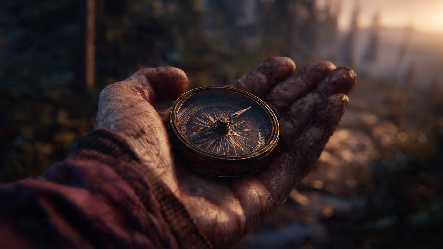 A first-person point of view. We see a person's open hand holding an old, brass compass. The compass needle points not to a map, but towards a distant, hazy mountain peak visible through a break in a dark forest. The image is a powerful metaphor for using external tools and internal guidance (discipline, belief) to navigate your own path. A first-person point of view. We see a person's open hand holding an old, brass compass. The compass needle points not to a map, but towards a distant, hazy mountain peak visible through a break in a dark forest. The image is a powerful metaphor for using external tools and internal guidance (discipline, belief) to navigate your own path.