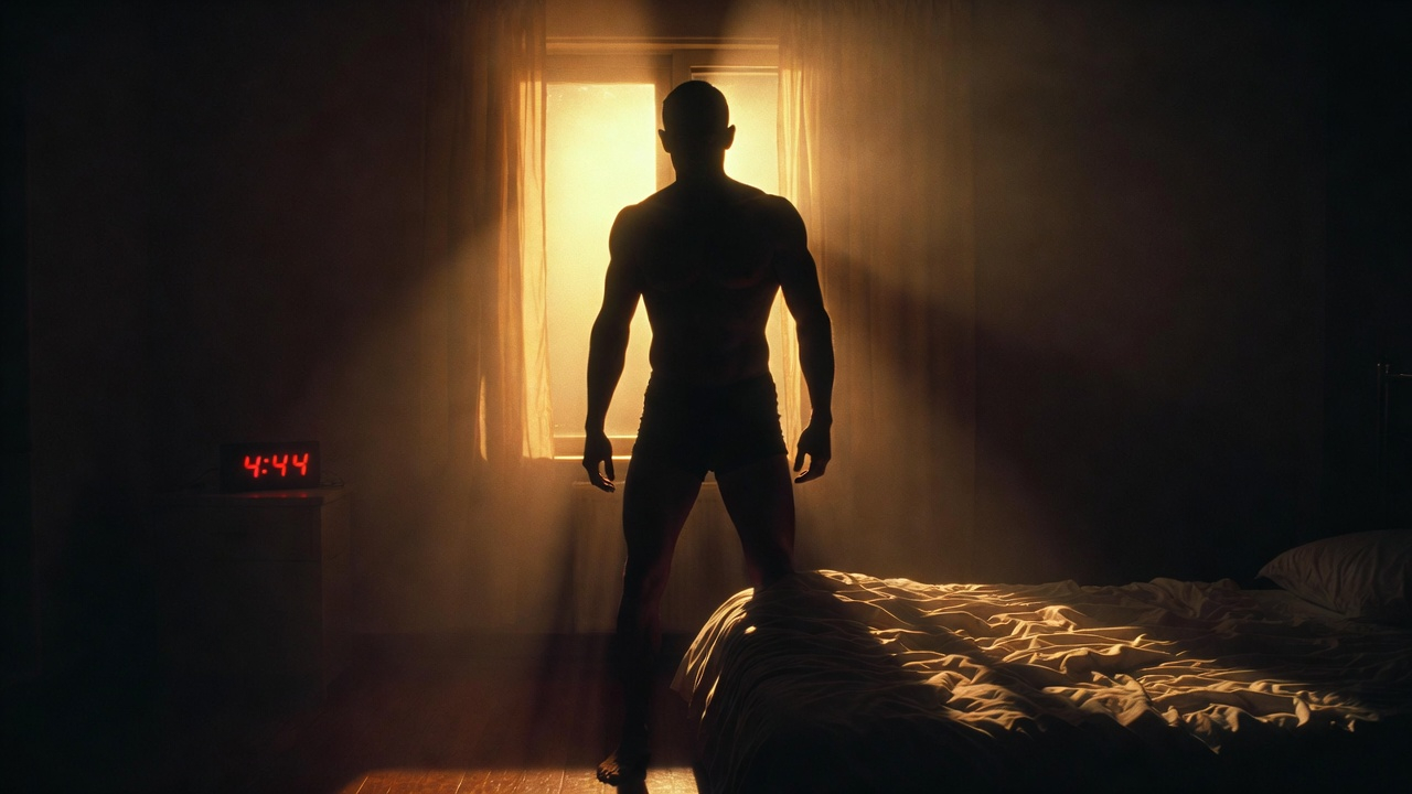 A fit man silhouette standing on the floor at the edge of the bed, at 4:44 AM shown on a red digital clock, golden sunrise light streaming through the window, sense of decisive movement, cinematic lighting, hyper-detailed A fit man silhouette standing on the floor at the edge of the bed, at 4:44 AM shown on a red digital clock, golden sunrise light streaming through the window, sense of decisive movement, cinematic lighting, hyper-detailed