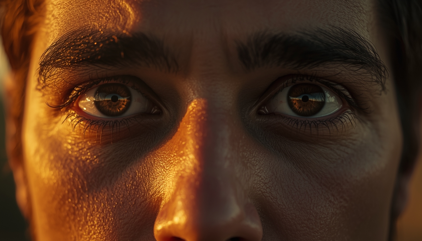 Close-up of a man's face in morning light, eyes open wide with recognition, moment of realization, mirror reflection, intense awareness, cinematic portrait lighting. Sun flares and the 4:44 AM sunrise is reflected in his eyes Close-up of a man's face in morning light, eyes open wide with recognition, moment of realization, mirror reflection, intense awareness, cinematic portrait lighting. Sun flares and the 4:44 AM sunrise is reflected in his eyes