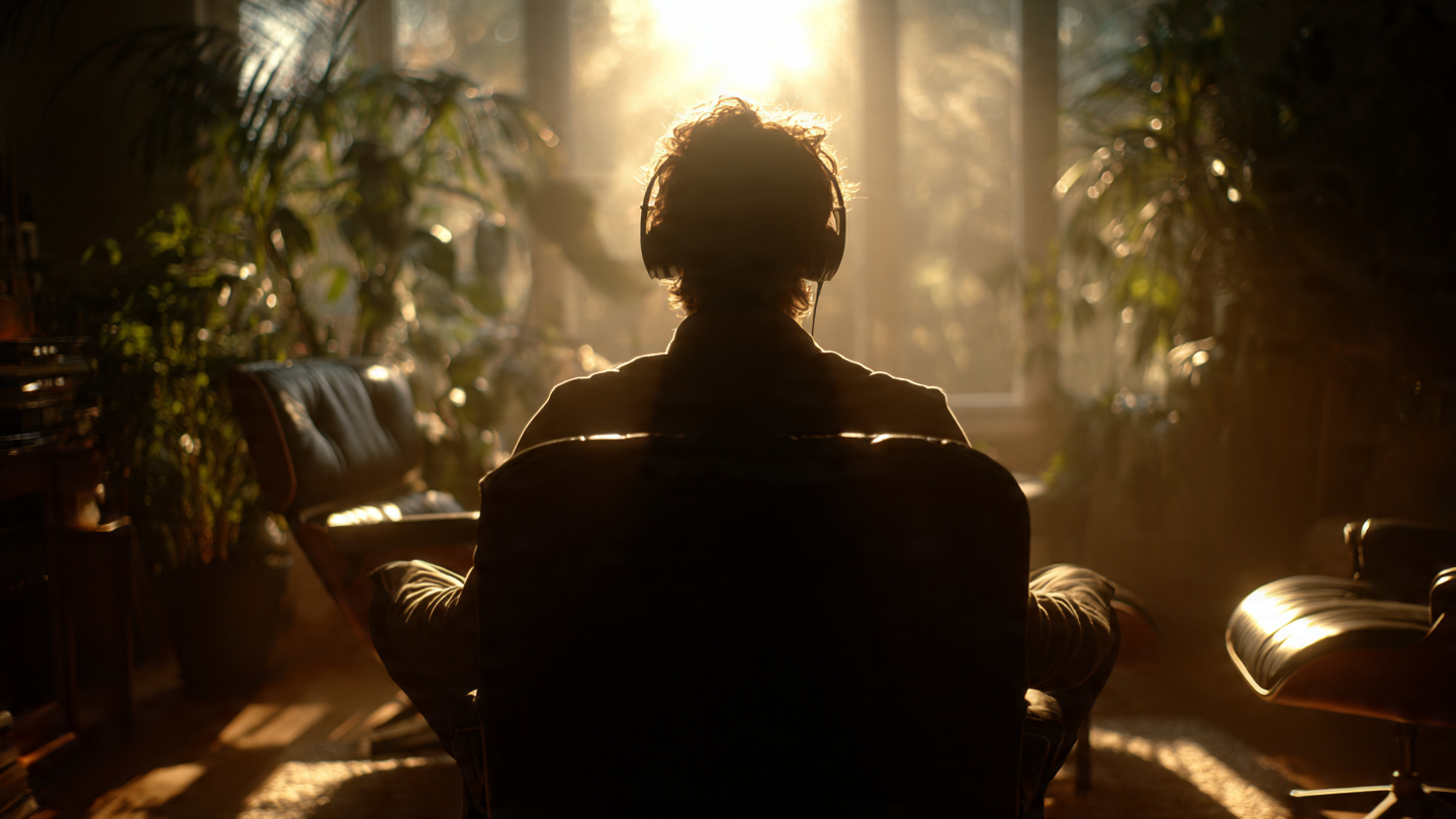 Man meditating/focused in chair, early morning light, eyes closed, theta state visualization, earbuds in, peaceful but powerful energy, soft golden lighting Man meditating/focused in chair, early morning light, eyes closed, theta state visualization, earbuds in, peaceful but powerful energy, soft golden lighting
