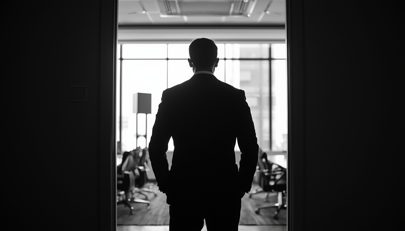 A dynamic black and white image of a man in a business suit standing in a doorway, half in light and half in shadow, looking calmly into a bright modern office space. His posture is relaxed but commanding. The perspective is from behind him, looking into the room he's about to enter. Cinematic lighting, high contrast, professional setting