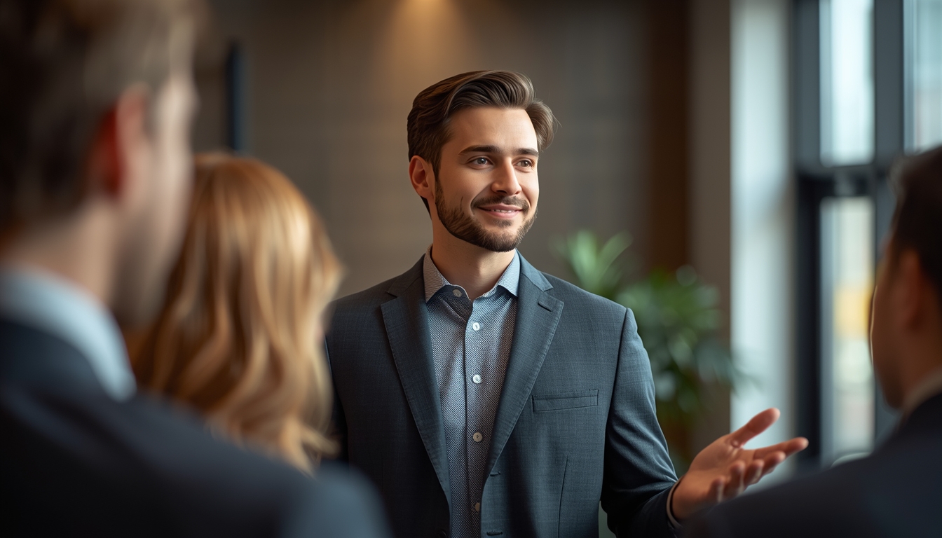 A medium shot of a professional speaker in a modern office or conference room, standing calmly with soft natural light. His hands are relaxed at his sides, he's making gentle eye contact with someone off-camera, and there's a subtle knowing smile. The background shows other people slightly blurred, leaning in toward him. Warm, inviting tones with high production value