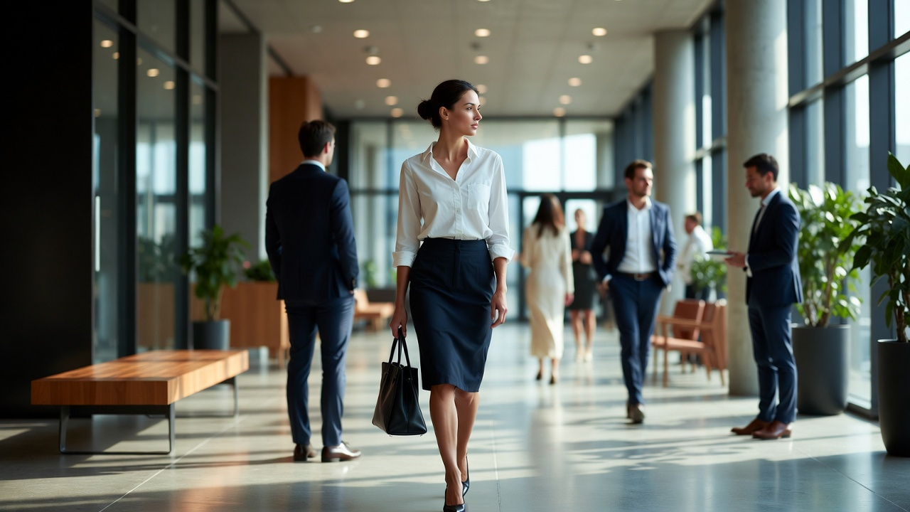  A dynamic shot of a person in a business casual outfit walking through a modern office lobby or hallway with quiet confidence. Other people in the background are slightly blurred, naturally turning or pausing as he passes. The lighting is natural and bright, the composition suggests movement and purpose. High-end corporate photography style