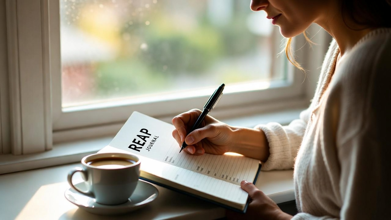 A serene shot of a person sitting at a desk or table in the early morning, a warm cup of coffee nearby, natural light streaming through a window. They're reading or writing in a journal, completely present. The mood is peaceful and intentional—the calm before the world wakes up. Soft, warm tones, aspirational lifestyle photography
