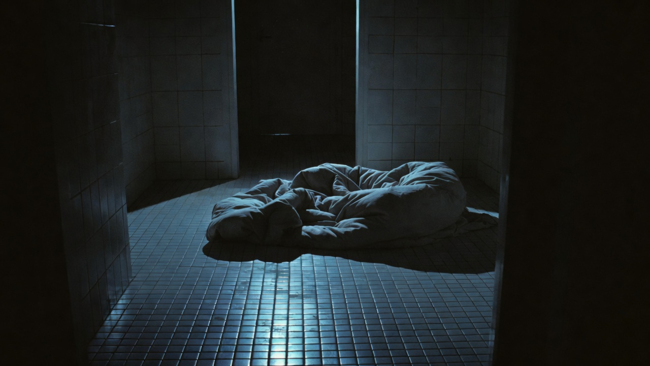 A powerful photorealistic image of a bathroom floor at night, dimly lit from the hallway, with a crumpled blanket on the cold tile. The mood is somber, lonely, and deeply human. Soft blue tones. No person visible, just the evidence of a difficult night. This image evokes struggle and vulnerability without being exploitative