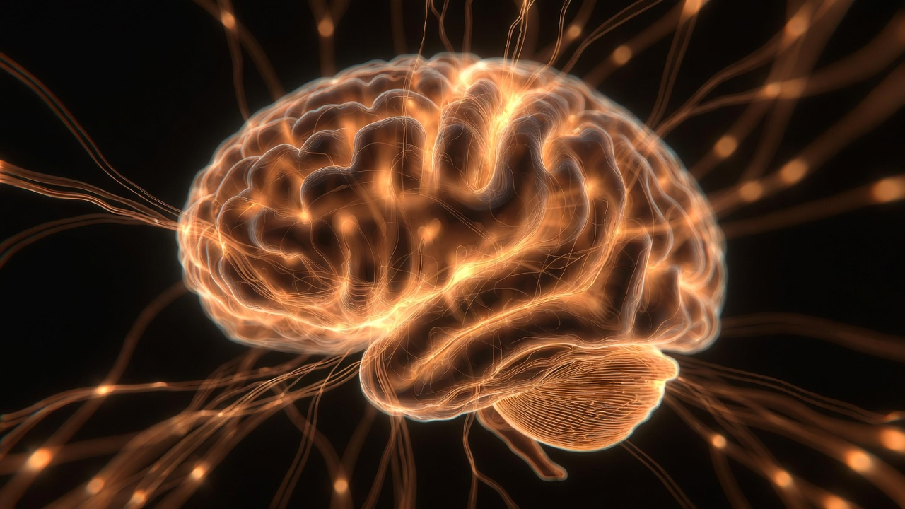 A photorealistic image of a brain with illuminated neural pathways, shown in warm amber and gold tones against a dark background. The image suggests activity, rewiring, transformation—neurons firing and connecting. Scientific but artistic, representing neuroplasticity in a visually stunning way.