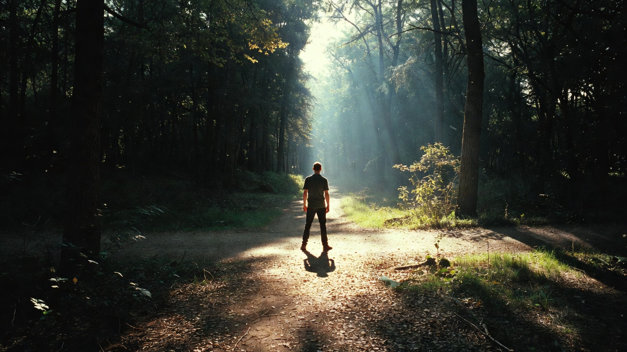 A photorealistic image of a person standing at a crossroads in a forest, morning light filtering through trees. One path is dark and overgrown, the other is illuminated and clear. The person faces the light. The image represents the moment of choosing a new direction, exchanging the old for the new