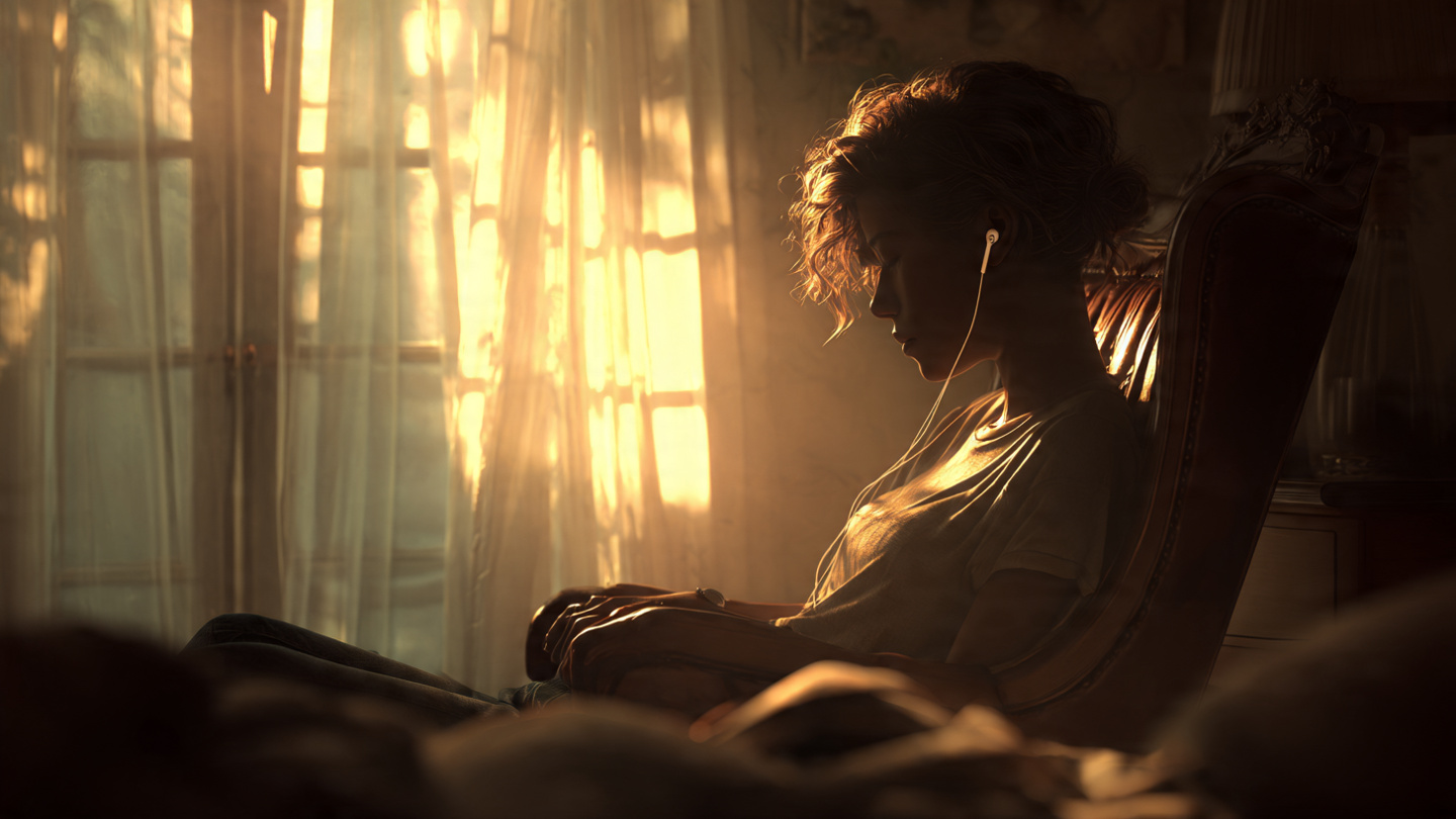 A photorealistic image of a peaceful morning scene—a woman sitting In a big chair right next to her bed , soft dawn light filtering through curtains, Visible ear buds Her hands are placed palms up on her lap, the moment just after waking. The image conveys stillness, intention, and the sacred quality of the first minutes of the day. Warm, gentle, inviting 
