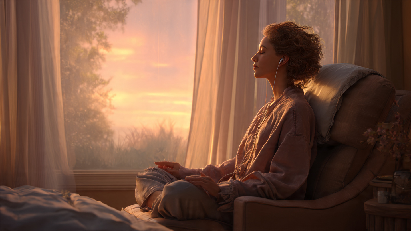A woman sitting up in her bedroom chair just after waking taking advantage of the 5 minute Theta morning routine rogramming before being programmed A woman sitting up in her bedroom chair just after waking taking advantage of the 5 minute Theta morning routine rogramming before being programmed