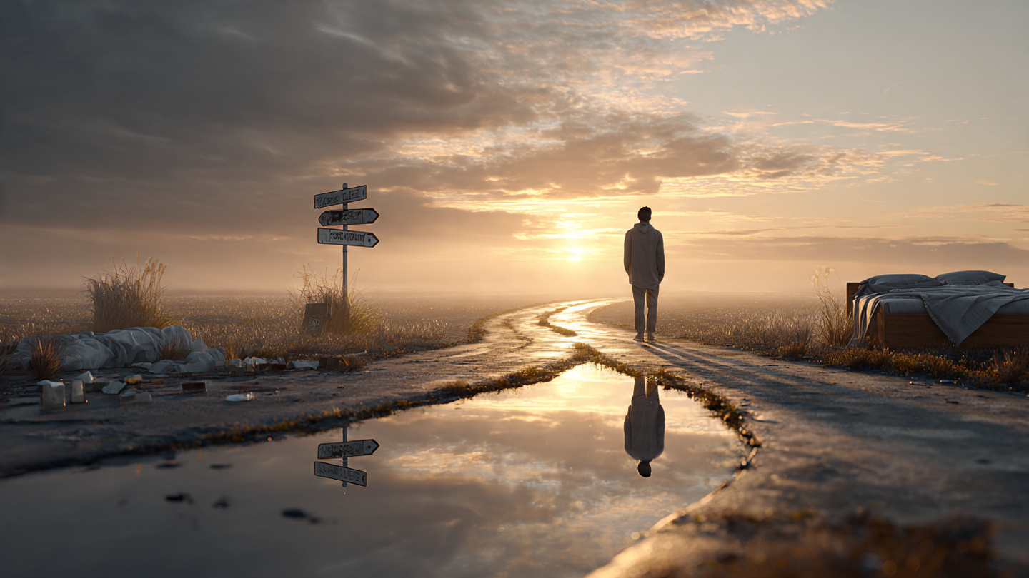 A person standing at a crossroads at dawn—one path is cluttered with obvious distractions (phone, coffee cup, messy bed), the other path is clean and leads toward a bright sunrise. The person is mid-step, about to choose. Soft morning light, motivational atmosphere. A person standing at a crossroads at dawn—one path is cluttered with obvious distractions (phone, coffee cup, messy bed), the other path is clean and leads toward a bright sunrise. The person is mid-step, about to choose. Soft morning light, motivational atmosphere.