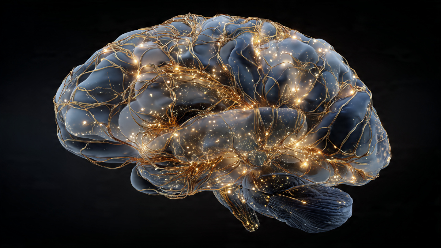 A human brain with glowing neural pathways—some pathways are thick and well-traveled (bright gold), others are faint (soft blue). The image represents neuroplasticity and the concept that well-worn neural pathways are harder to change, but new ones can be formed. Scientific yet artistic A human brain with glowing neural pathways—some pathways are thick and well-traveled (bright gold), others are faint (soft blue). The image represents neuroplasticity and the concept that well-worn neural pathways are harder to change, but new ones can be formed. Scientific yet artistic