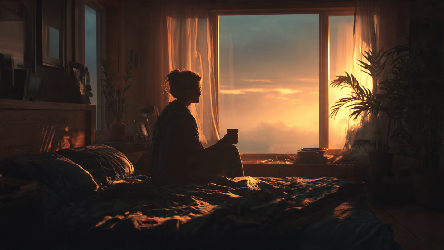 A person in cozy morning light, sitting on the edge of a made bed with a warm cup of tea, looking out a window at a peaceful sunrise. The room is clean and organized. The mood is calm, intentional, and centered A person in cozy morning light, sitting on the edge of a made bed with a warm cup of tea, looking out a window at a peaceful sunrise. The room is clean and organized. The mood is calm, intentional, and centered