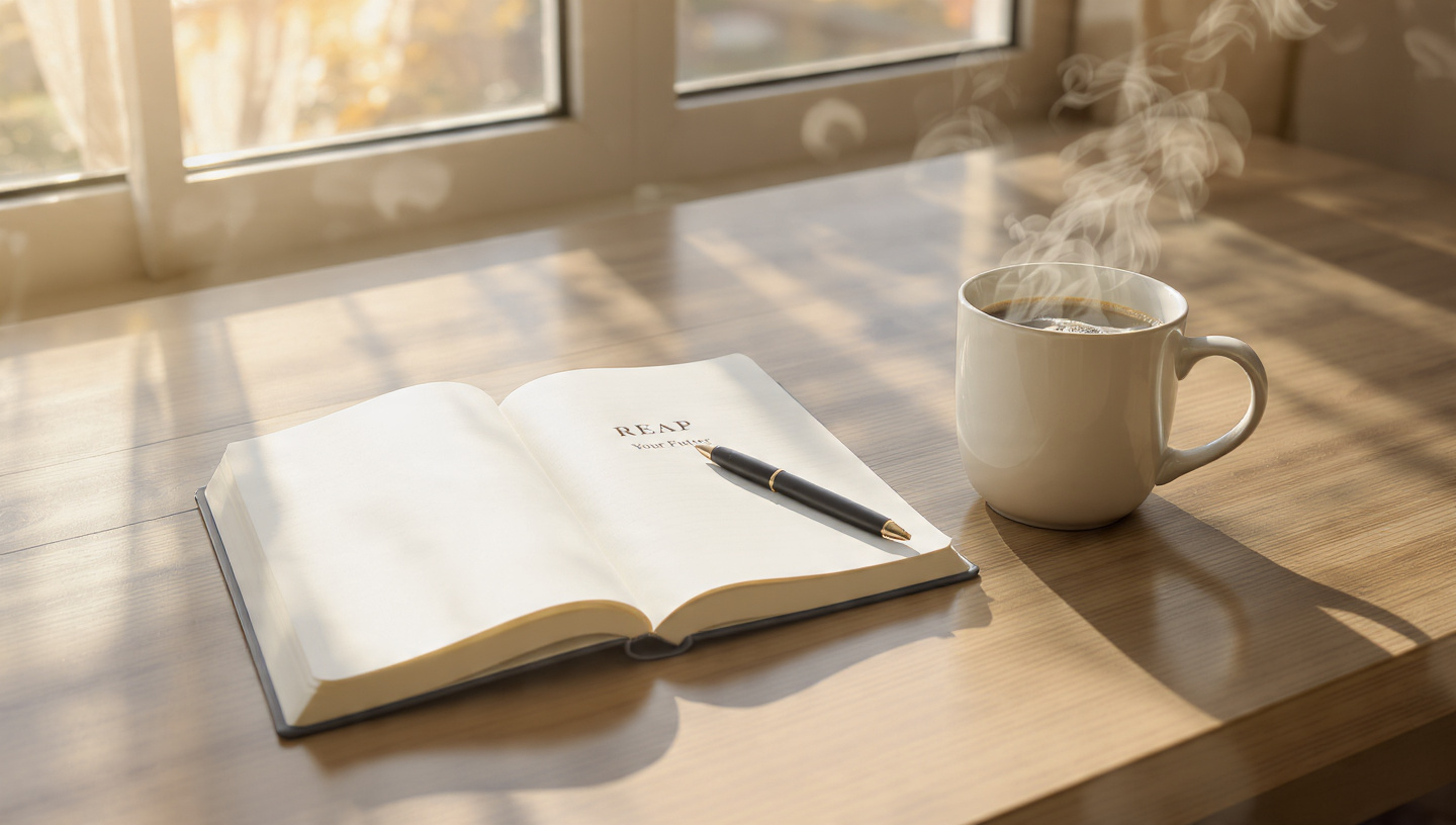 Journal titled REAP, morning cup of coffee, sunrise perfect for planning the day.