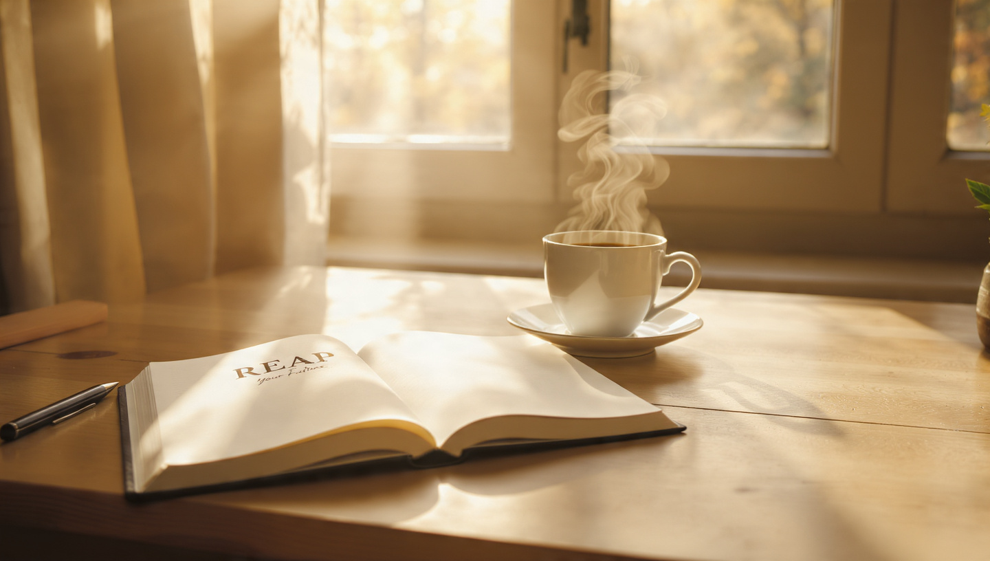 A simple, clean desk with a journal titled REAP Your Future, a pen, a steaming cup of coffee, and soft morning light streaming through a window. The scene represents the 5-minute morning practice—simple, accessible, peaceful. A simple, clean desk with a journal titled REAP Your Future, a pen, a steaming cup of coffee, and soft morning light streaming through a window. The scene represents the 5-minute morning practice—simple, accessible, peaceful.