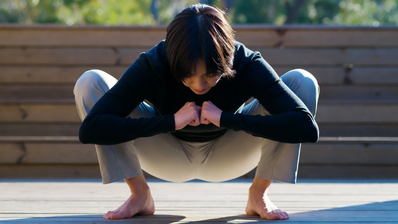 A person in a deep squat position, heels flat on floor, chest up, spine neutral. Outdoor setting on a wooden deck. Natural morning light. 16:9 format. Photorealistic A person in a deep squat position, heels flat on floor, chest up, spine neutral. Outdoor setting on a wooden deck. Natural morning light. 16:9 format. Photorealistic