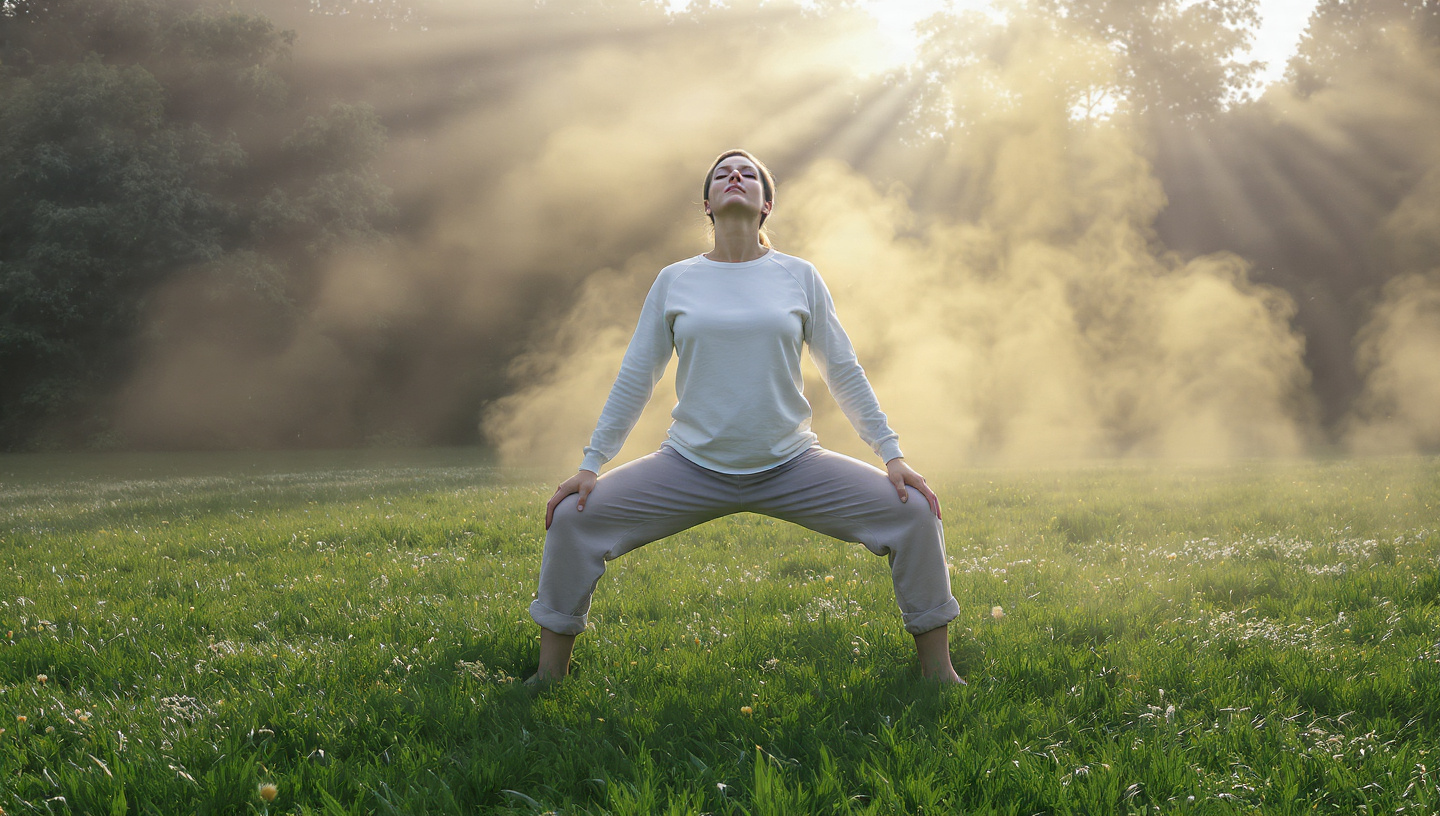 A person in horse stance position, feet wide, thighs parallel to ground, arms extended forward. Strong, focused expression. Minimalist background. A person in horse stance position, feet wide, thighs parallel to ground, arms extended forward. Strong, focused expression. Minimalist background.