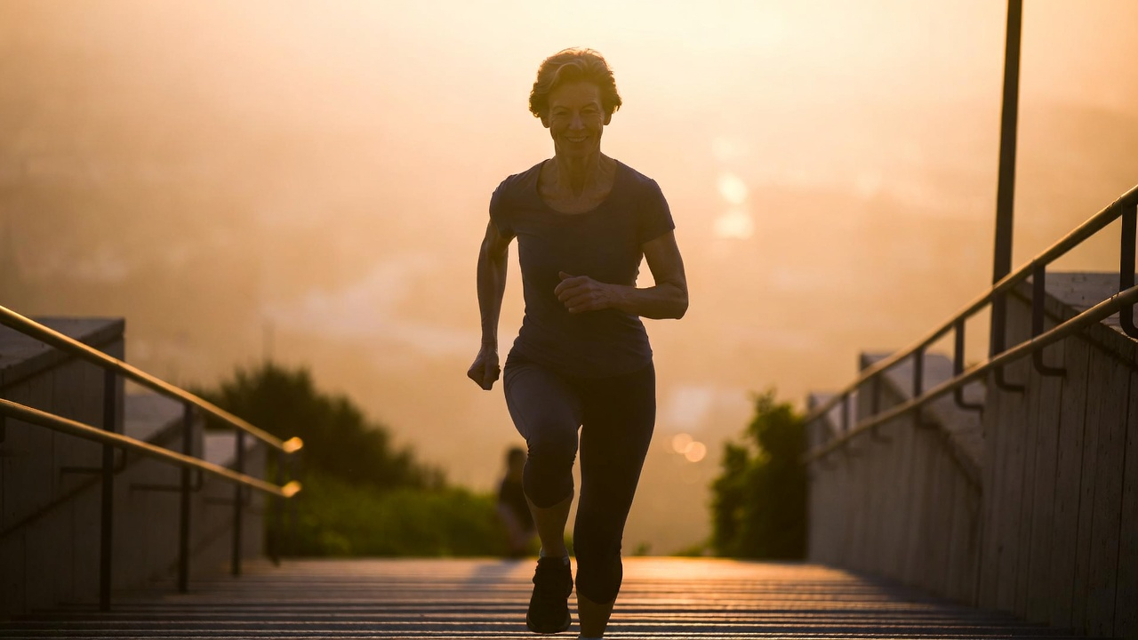 A fit person over 40 walking powerfully up a set of outdoor stairs at sunrise, legs strong, posture confident, slight smile of satisfaction. They look like stairs are effortless now. Warm morning light, shallow depth of field A fit person over 40 walking powerfully up a set of outdoor stairs at sunrise, legs strong, posture confident, slight smile of satisfaction. They look like stairs are effortless now. Warm morning light, shallow depth of field