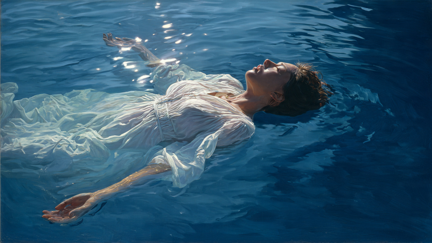 A person floating effortlessly on their back in calm, deep blue water, eyes closed, face serene, arms slightly outstretched. Morning light glints on the water surface. Below them, darkness—but they're not sinking. They're trusting. Symbolizes releasing control and floating. A person floating effortlessly on their back in calm, deep blue water, eyes closed, face serene, arms slightly outstretched. Morning light glints on the water surface. Below them, darkness—but they're not sinking. They're trusting. Symbolizes releasing control and floating.