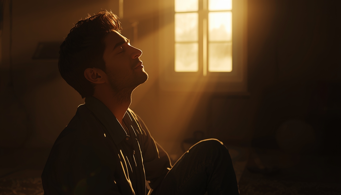 A contemplative person sitting alone in a sunlit room at dawn, soft golden light streaming through a window, eyes closed with a gentle expression of peace, warm earthy tones, sense of stillness and inner calm