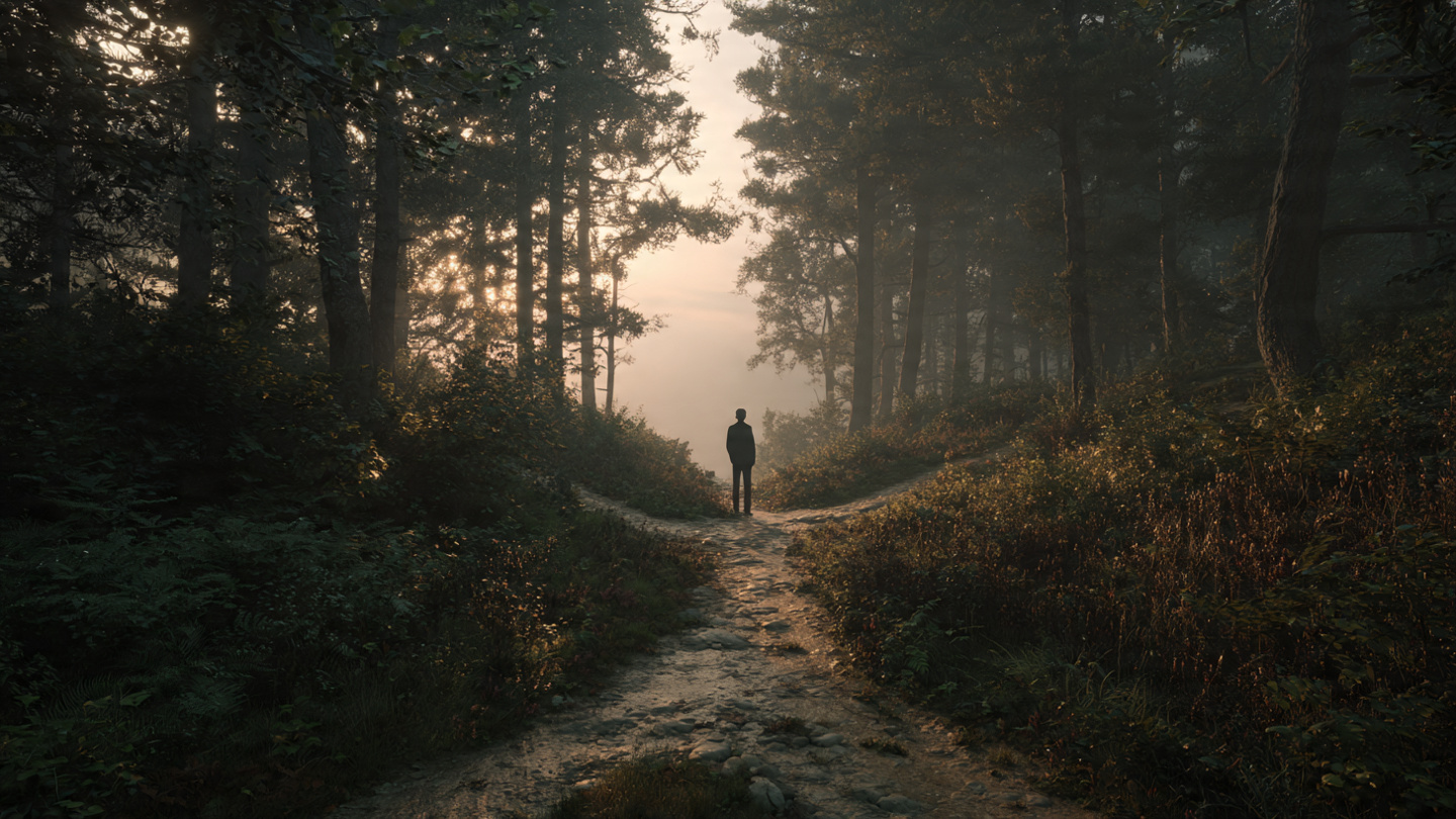 A person standing at a fork in a misty forest path, one path bathed in soft morning light, the other darker and overgrown, the person appears calm and centered rather than anxious, sense of peaceful decision-making